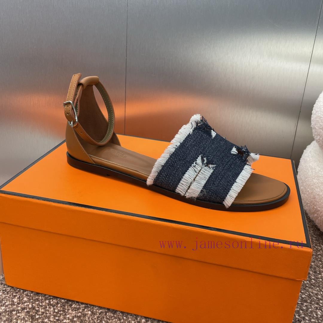 Hermes Spring/Summer Classic Santorini Color blocked I-shaped Dragging Women's Shoes H Home frvj35r6 - Image 7