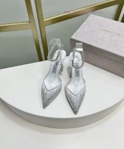 Jimmy Ch * o's new Y-shaped high-heeled fishmouth sandals/mesh studded pointed single shoes/npaiygr8