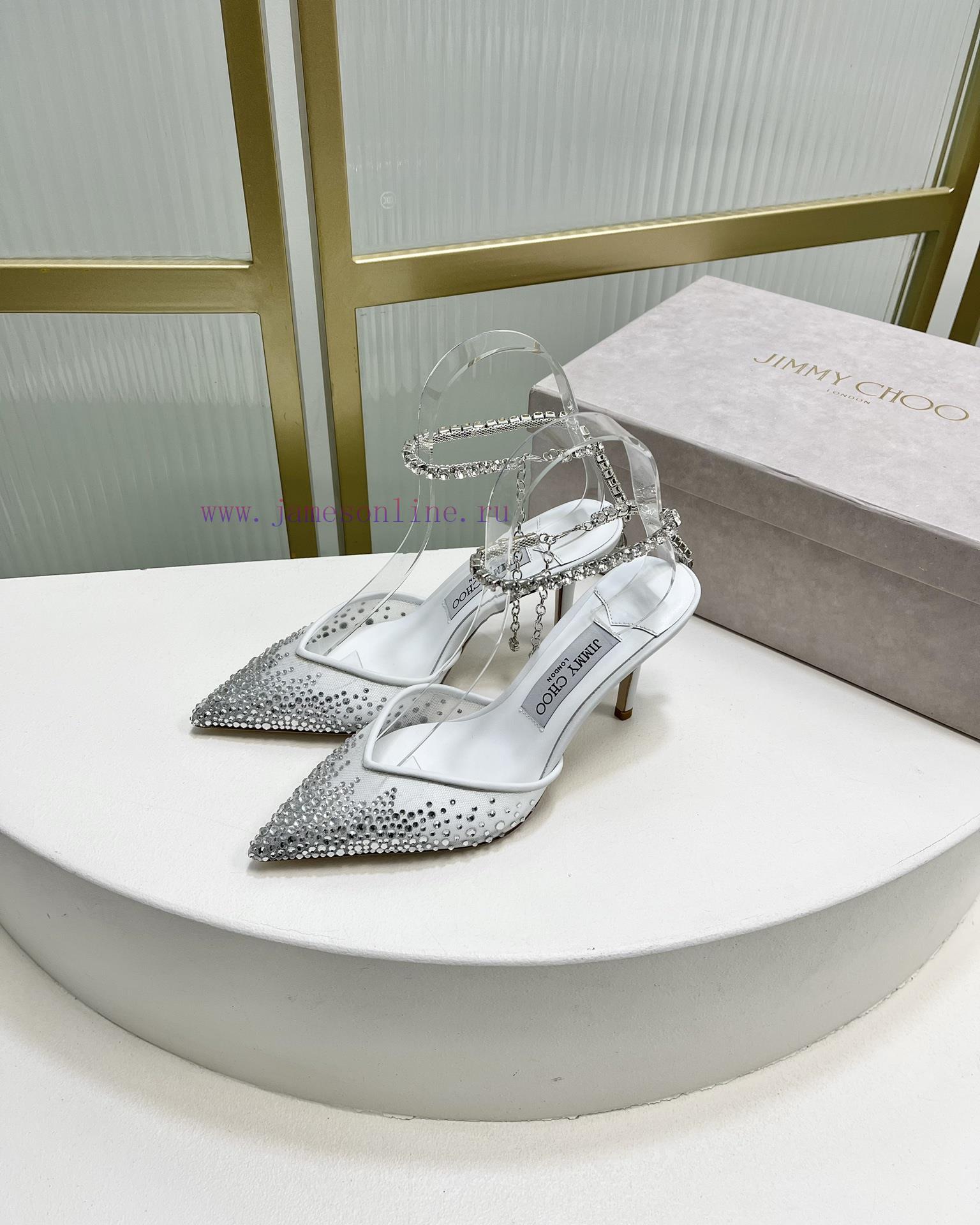 Jimmy Ch * o's new Y-shaped high-heeled fishmouth sandals/mesh studded pointed single shoes/npaiygr8 - Image 3
