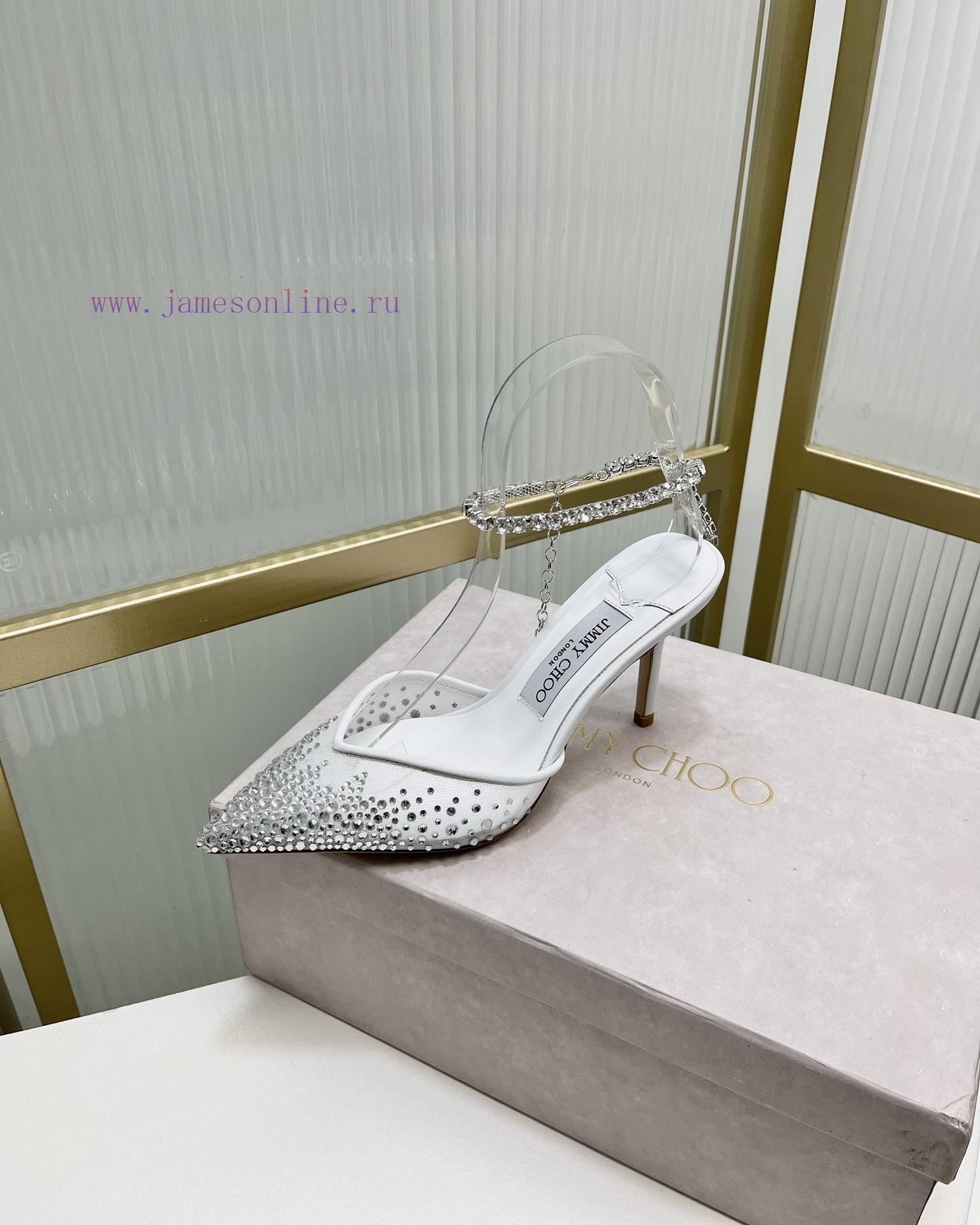 Jimmy Ch * o's new Y-shaped high-heeled fishmouth sandals/mesh studded pointed single shoes/npaiygr8 - Image 6