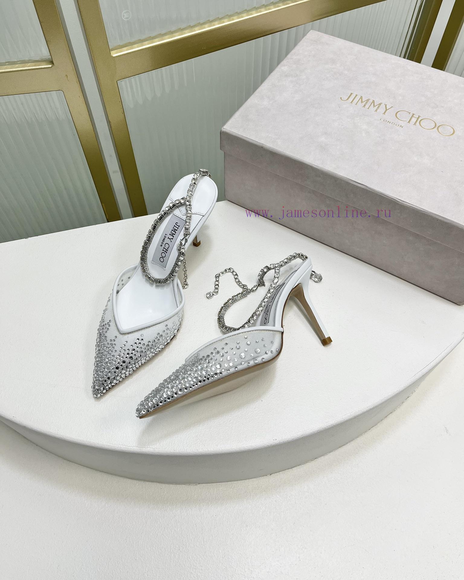 Jimmy Ch * o's new Y-shaped high-heeled fishmouth sandals/mesh studded pointed single shoes/npaiygr8 - Image 8