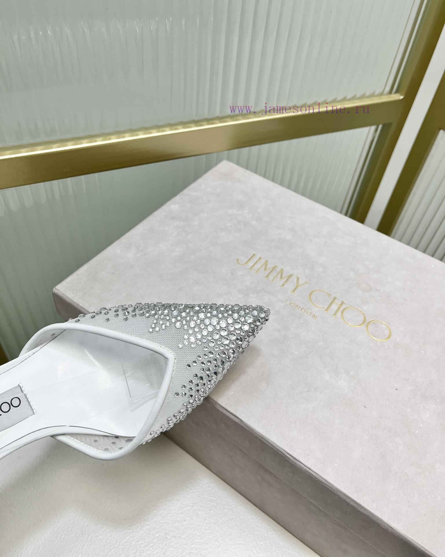 Jimmy Ch * o's new Y-shaped high-heeled fishmouth sandals/mesh studded pointed single shoes/npaiygr8 - Image 9
