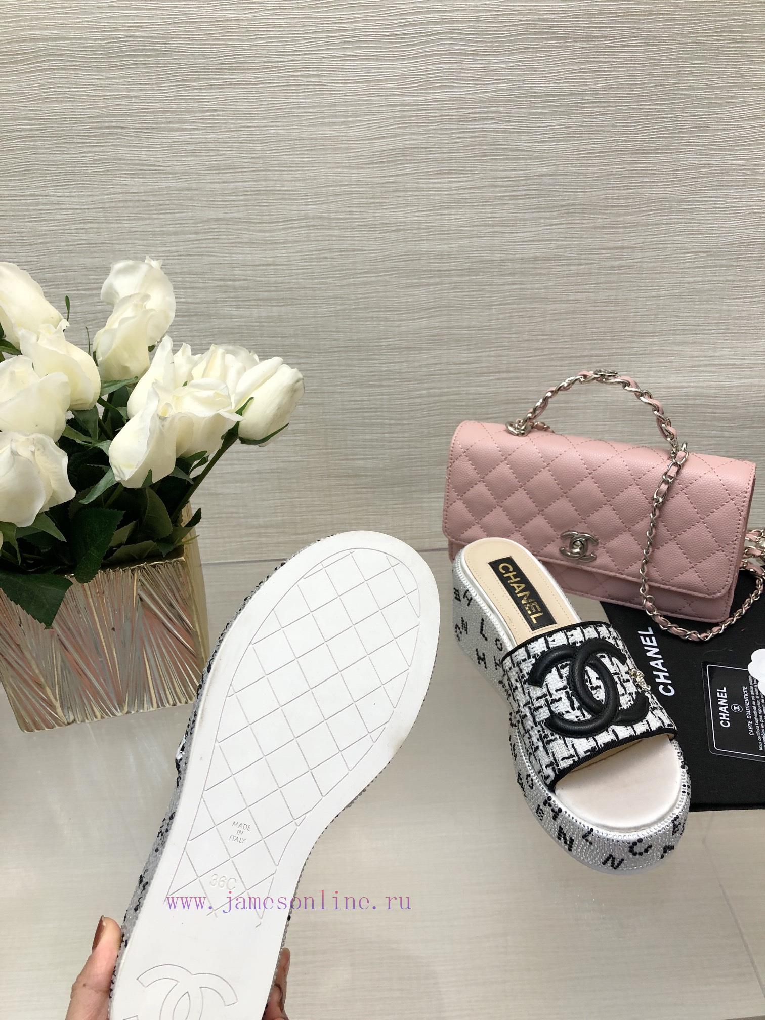 Chanel 24p Spring/Summer New Product Thick Bottom Full Diamond Dragging Lazy One Line Slippe56i2vg8q - Image 9
