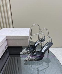 JIMMY CHOO New Y-Chain High Heel Fish Mouth Sandals/Mesh Sticked Diamond Surface Pointed Sinrlk12zm5