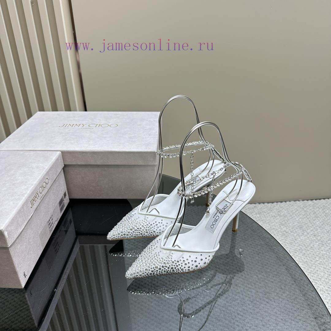 JIMMY CHOO New Y-Chain High Heel Fish Mouth Sandals/Mesh Sticked Diamond Surface Pointed Sin6e2qlvpb