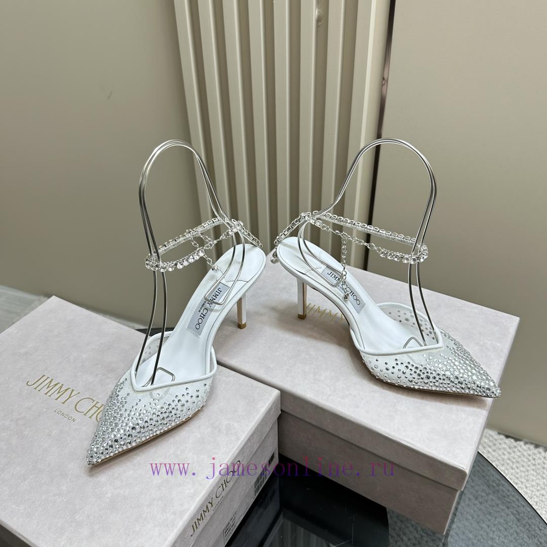 JIMMY CHOO New Y-Chain High Heel Fish Mouth Sandals/Mesh Sticked Diamond Surface Pointed Sin6e2qlvpb - Image 3