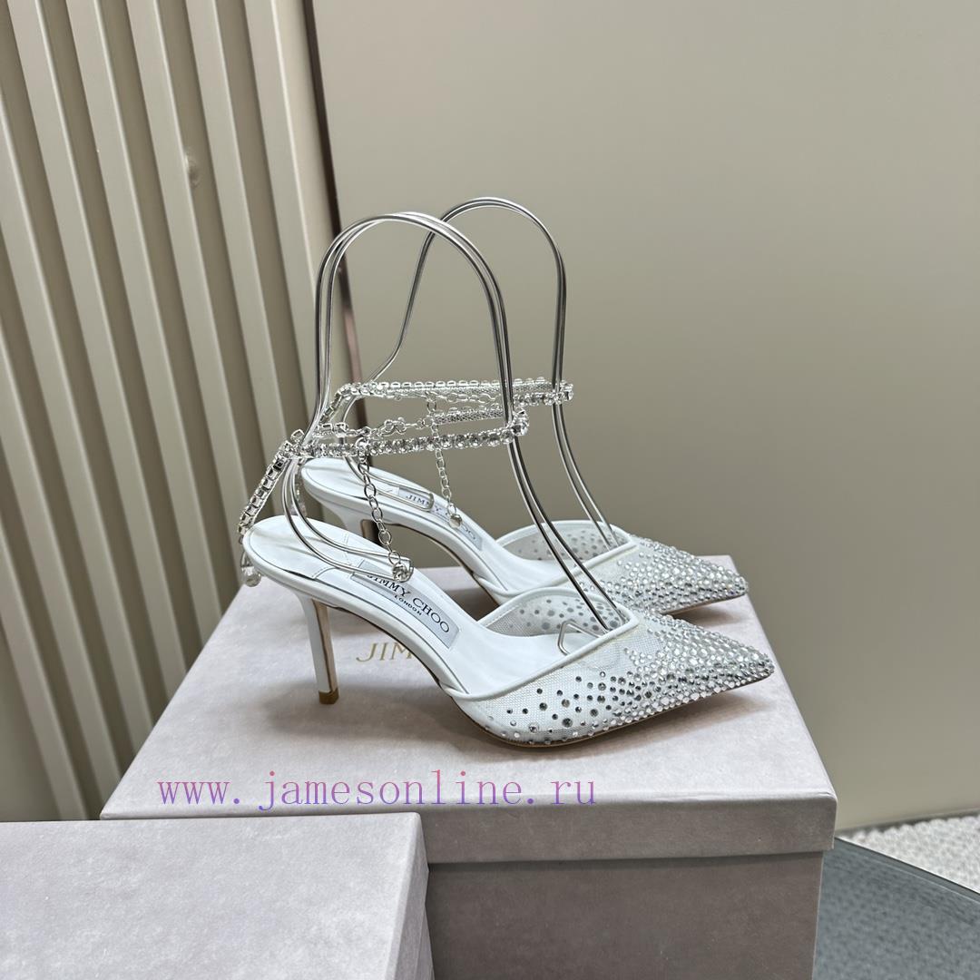 JIMMY CHOO New Y-Chain High Heel Fish Mouth Sandals/Mesh Sticked Diamond Surface Pointed Sin6e2qlvpb - Image 5
