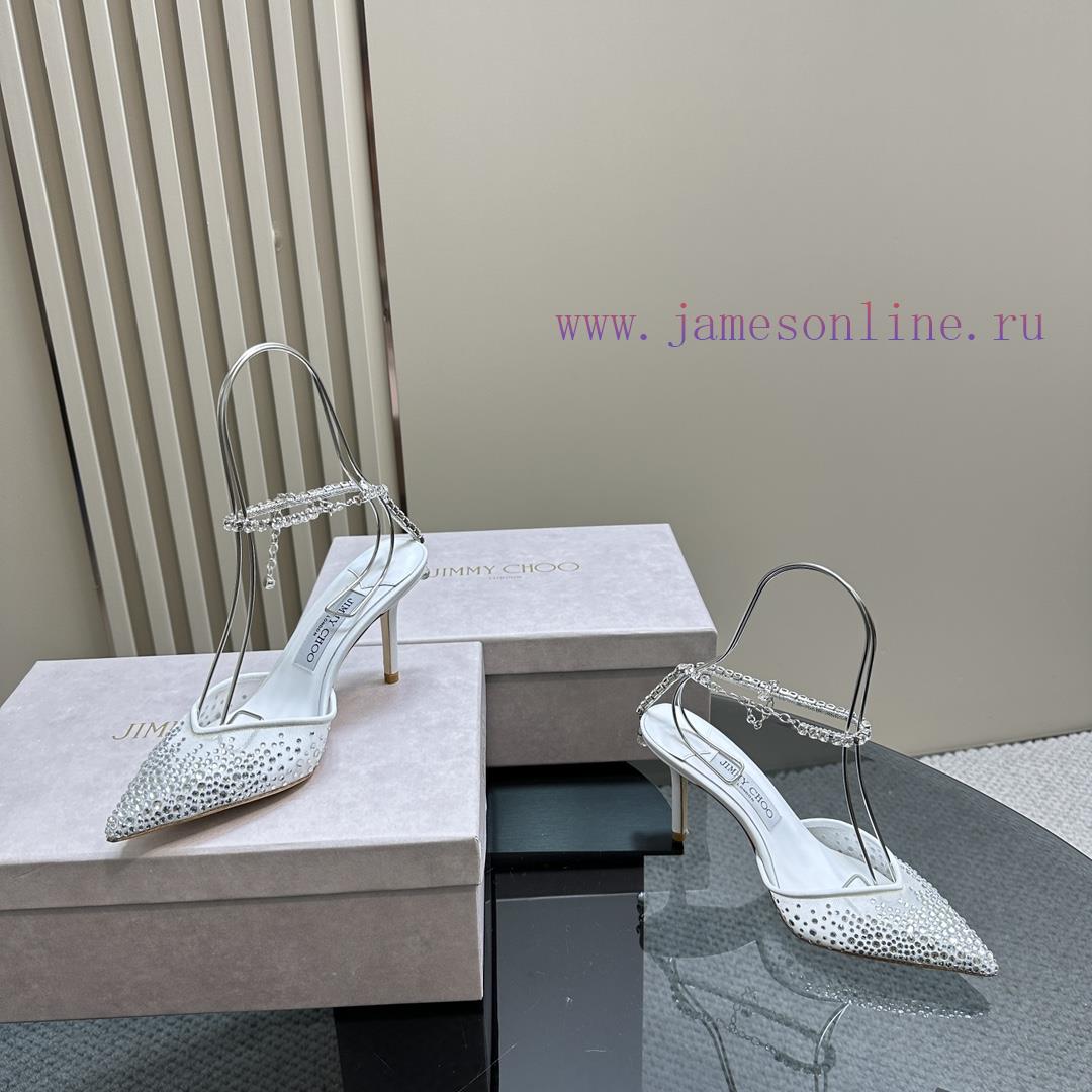 JIMMY CHOO New Y-Chain High Heel Fish Mouth Sandals/Mesh Sticked Diamond Surface Pointed Sin6e2qlvpb - Image 7
