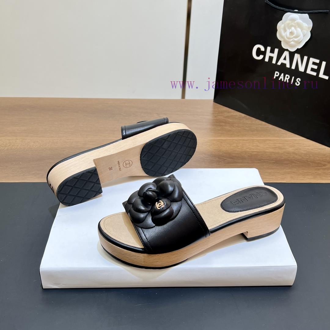 Top tierSynchronized Solid Wood Thick Bottom Slippers 2024 Summer New Chanel Camellia Cool Suhgo8kzw - Image 6