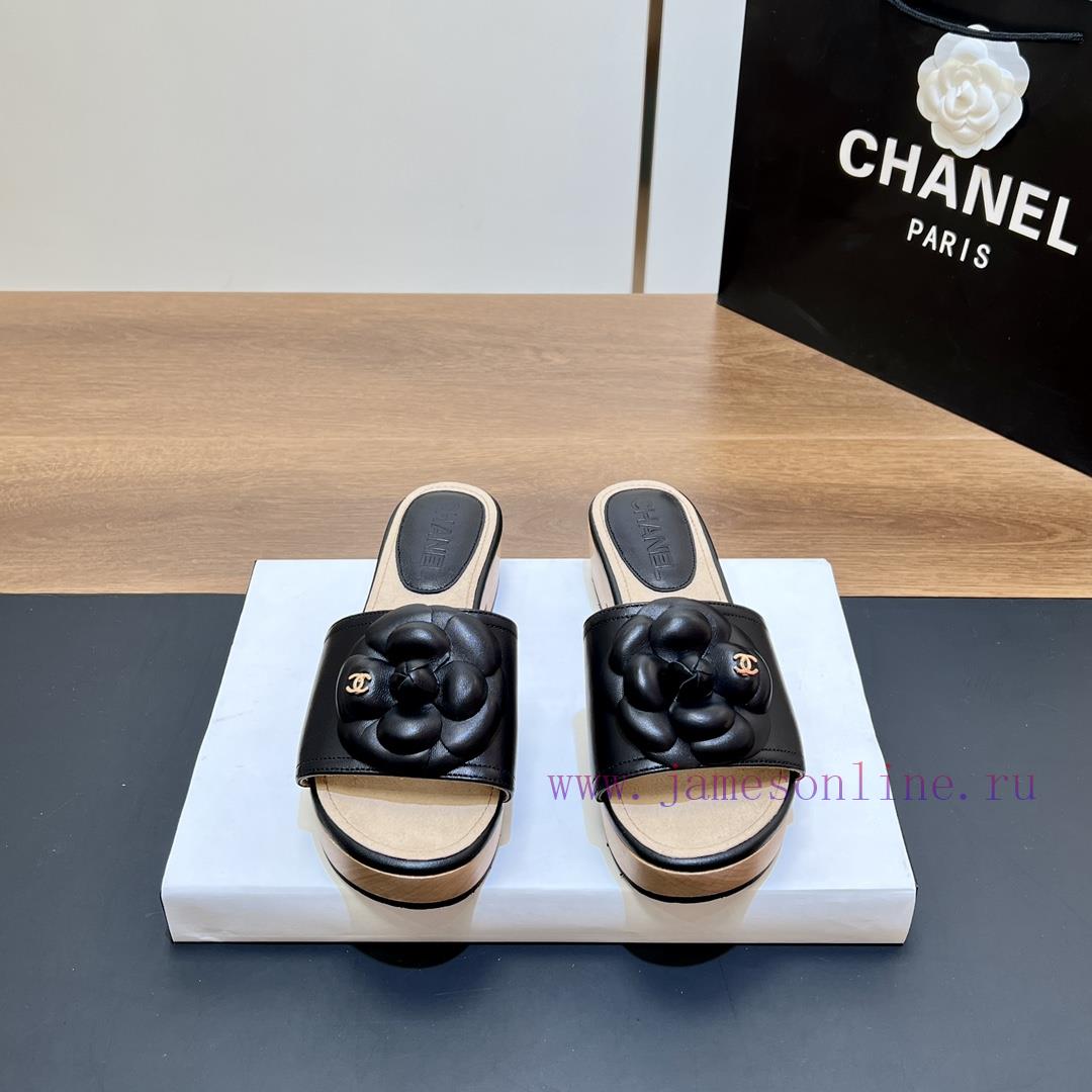 Top tierSynchronized Solid Wood Thick Bottom Slippers 2024 Summer New Chanel Camellia Cool Suhgo8kzw - Image 7