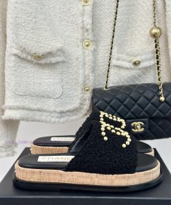 Chanel | Chanel 24P Spring/Summer New Product Pearl Double C Wood Grain Thick Bottom Slippedac4tit5