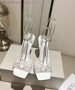 Jimmy Choo 2024 Mesh Hot Diamond Square Head Diamond Chain Sandals 8.5cm, 10.5cm Two Heels H711bzhb9