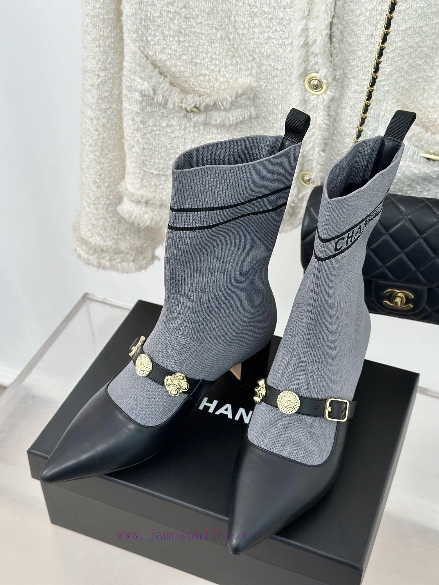 Chanel | Chanel 24B Autumn/Winter New Product Metal Double C Pointed Coarse Heel Socks Boots3jxxeis5 - Image 3