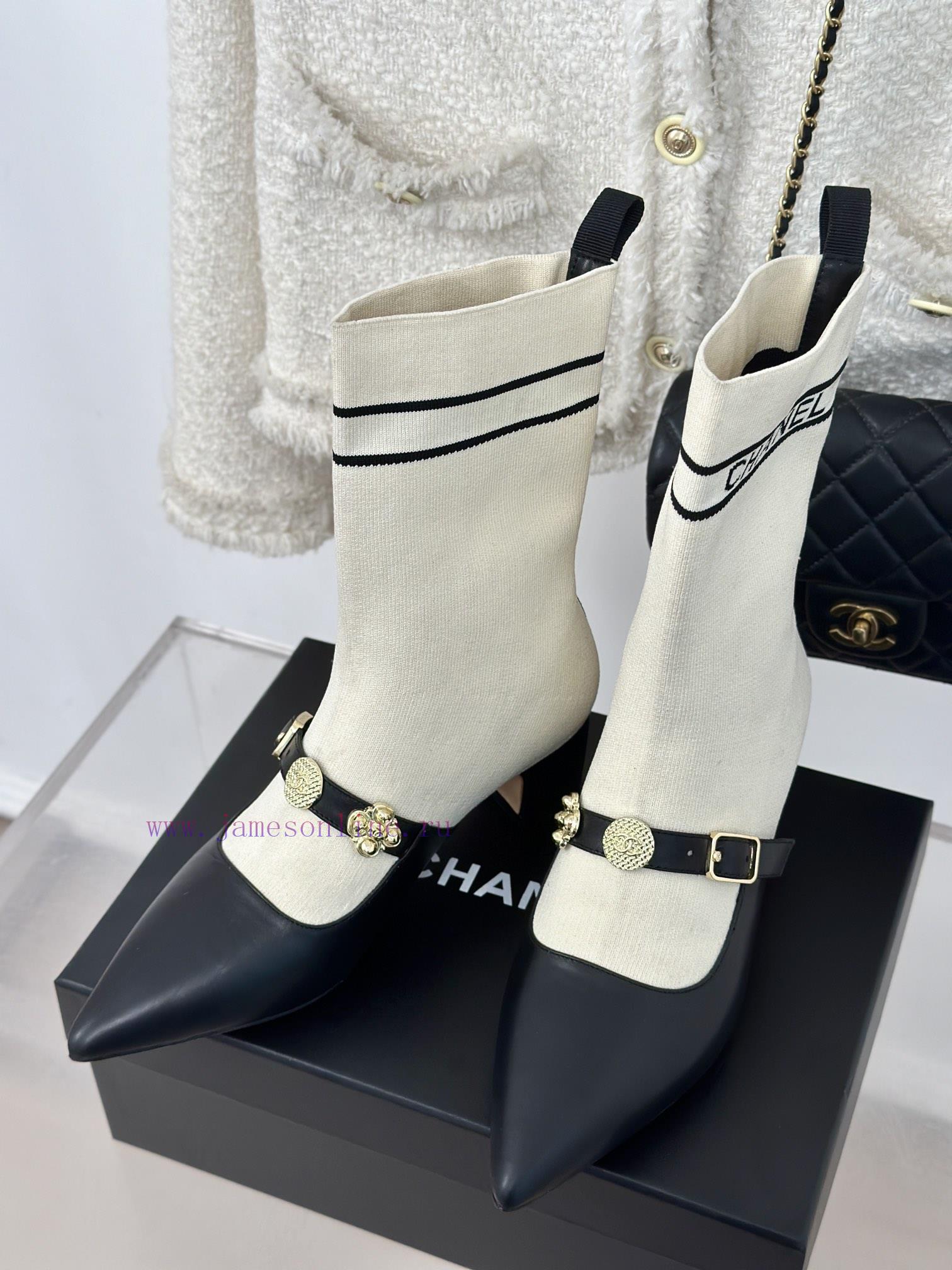 Chanel | Chanel 24B Autumn/Winter New Product Metal Double C Pointed Coarse Heel Socks Bootsaeyab1fs - Image 3