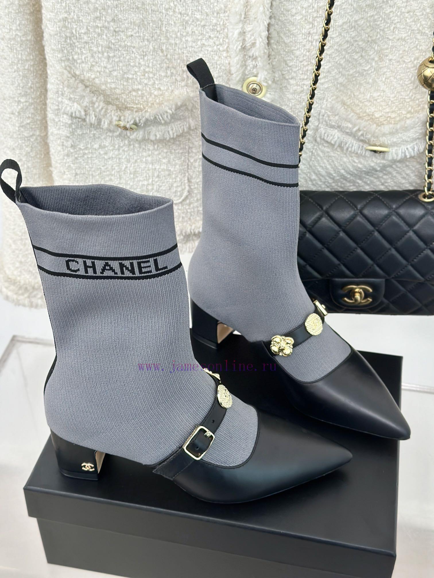 Chanel | Chanel 24B Autumn/Winter New Product Metal Double C Pointed Coarse Heel Socks Boots3jxxeis5 - Image 4