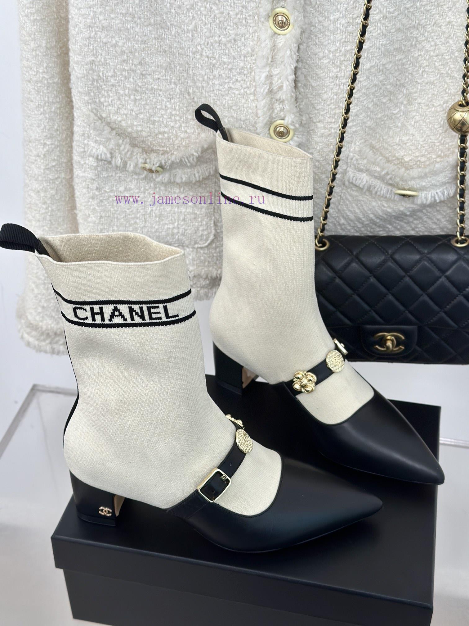 Chanel | Chanel 24B Autumn/Winter New Product Metal Double C Pointed Coarse Heel Socks Bootsaeyab1fs - Image 4