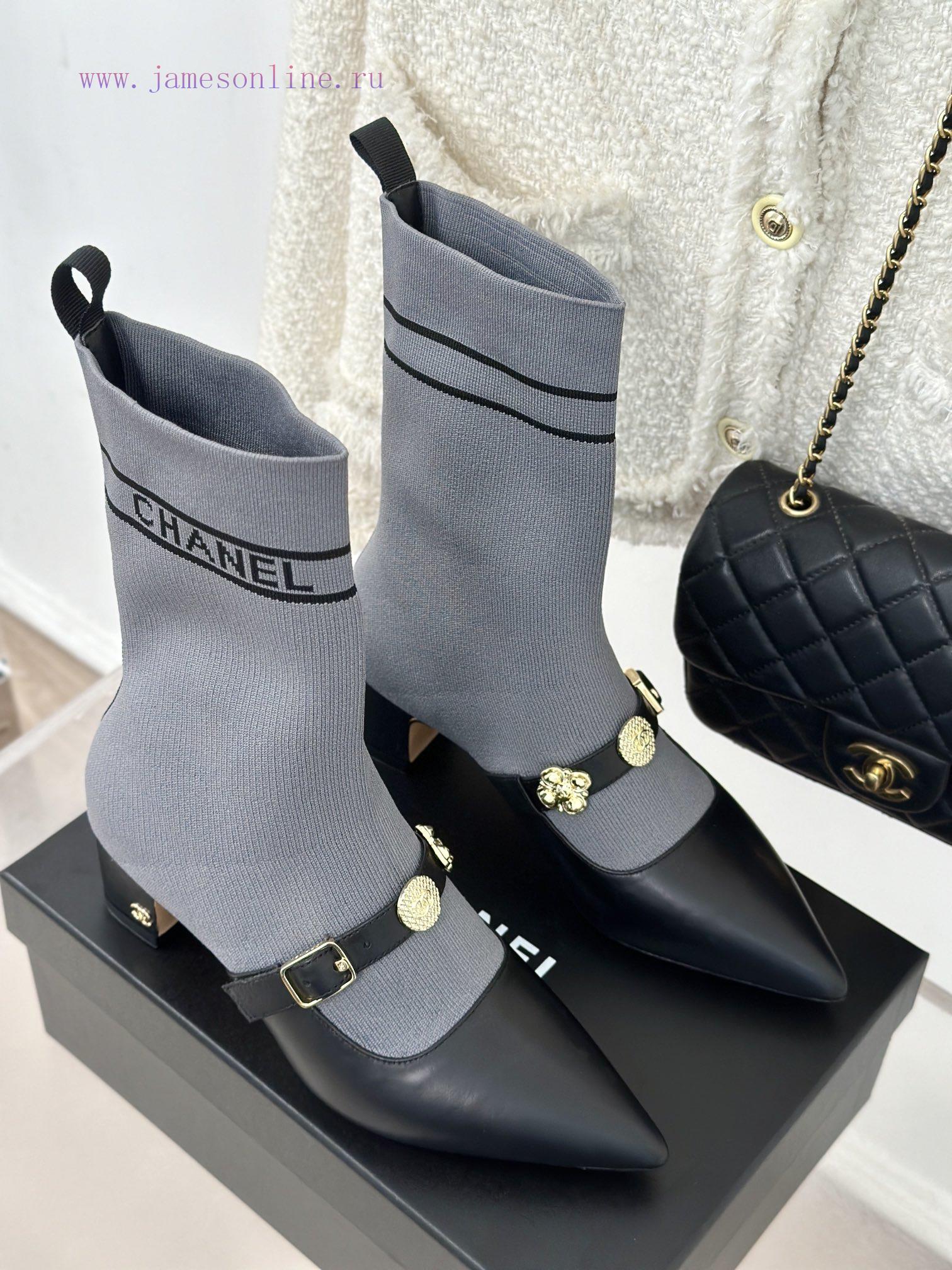 Chanel | Chanel 24B Autumn/Winter New Product Metal Double C Pointed Coarse Heel Socks Boots3jxxeis5 - Image 5