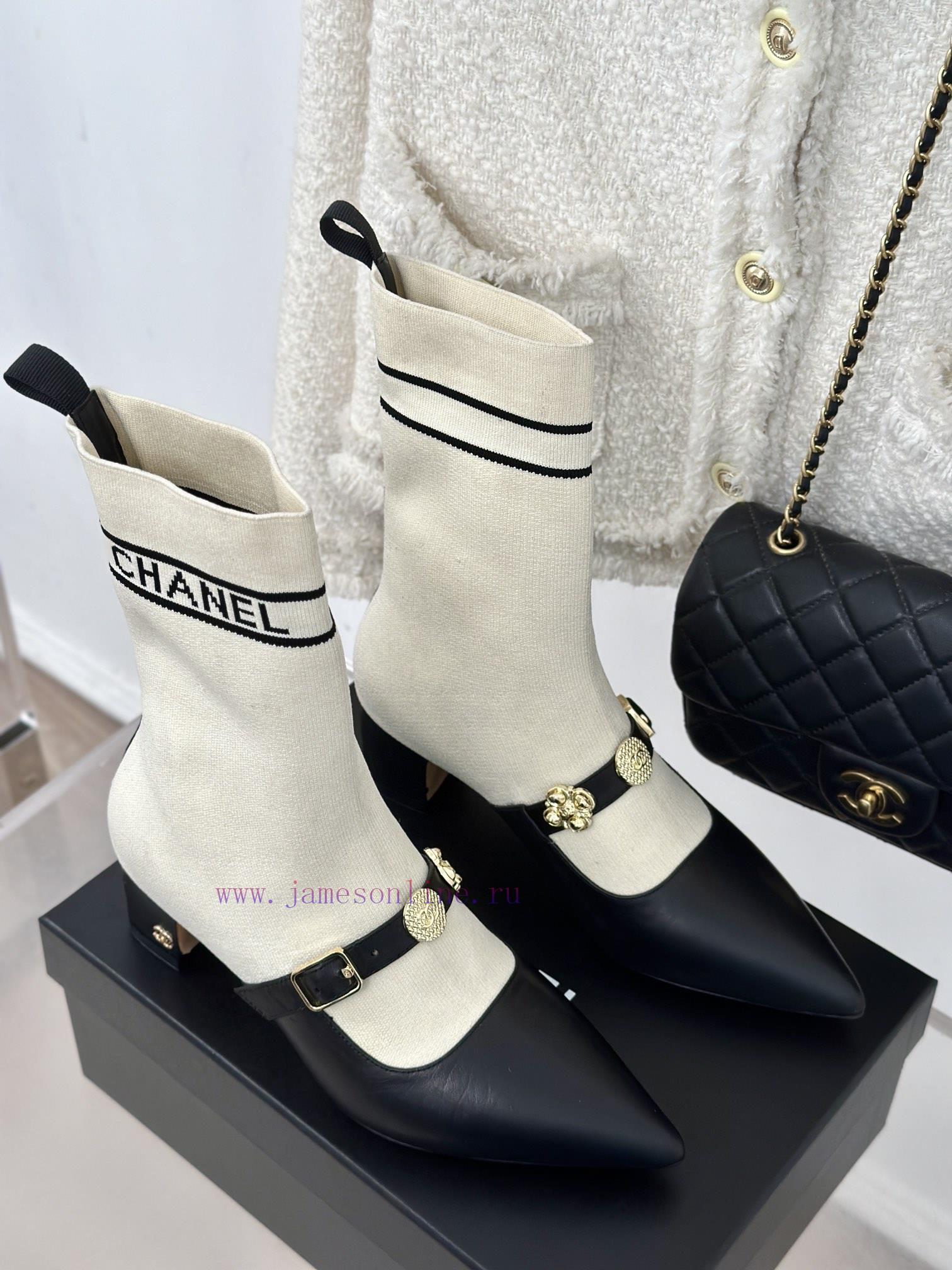 Chanel | Chanel 24B Autumn/Winter New Product Metal Double C Pointed Coarse Heel Socks Bootsaeyab1fs - Image 5