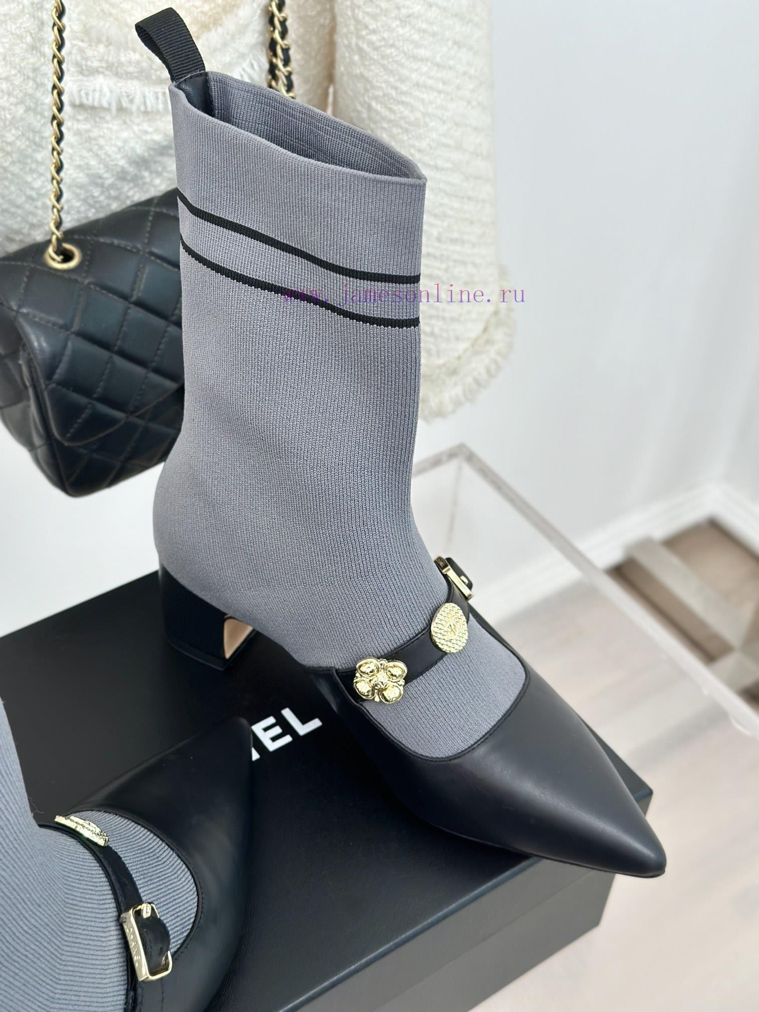 Chanel | Chanel 24B Autumn/Winter New Product Metal Double C Pointed Coarse Heel Socks Boots3jxxeis5 - Image 6