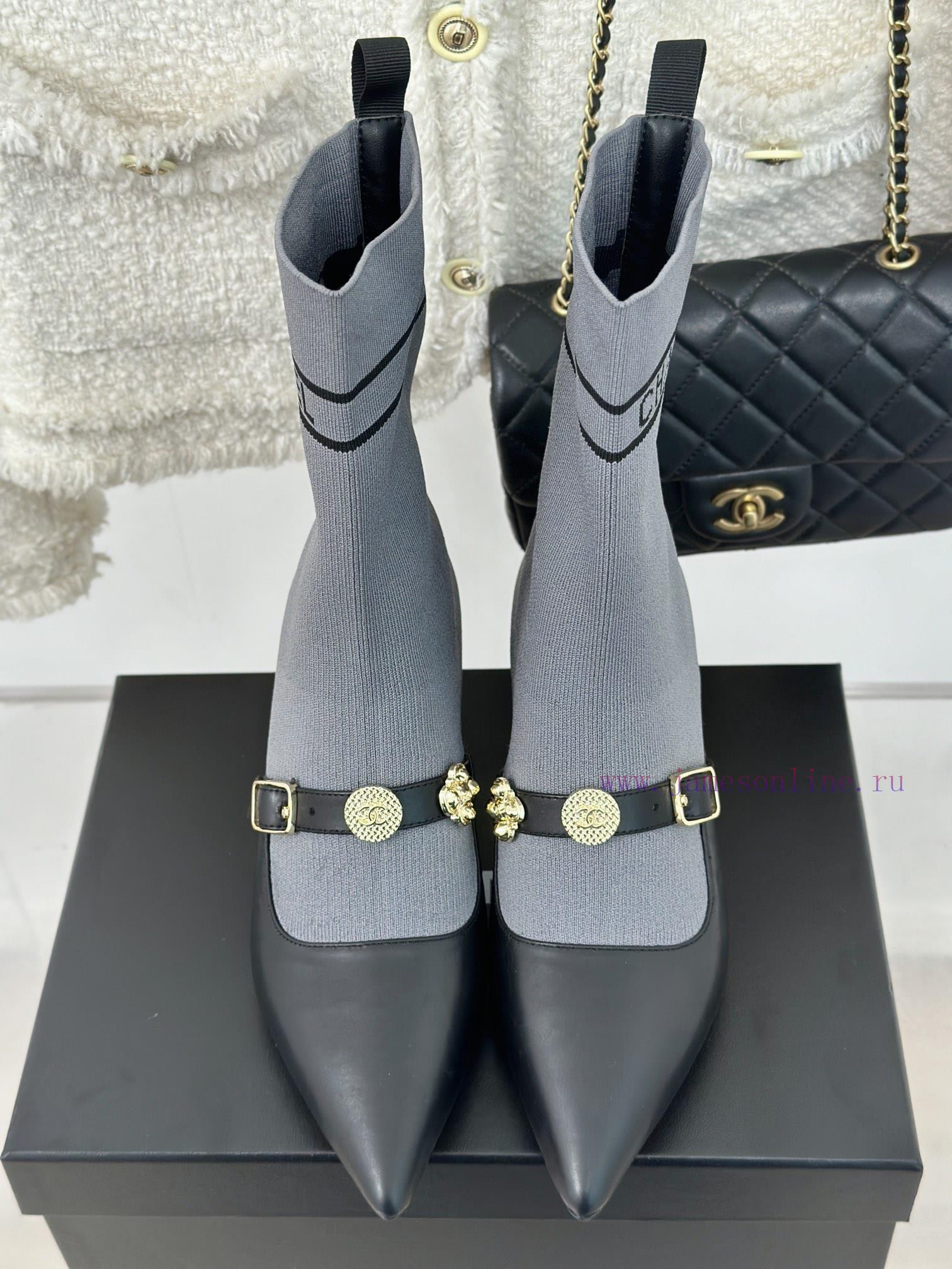Chanel | Chanel 24B Autumn/Winter New Product Metal Double C Pointed Coarse Heel Socks Boots3jxxeis5 - Image 7