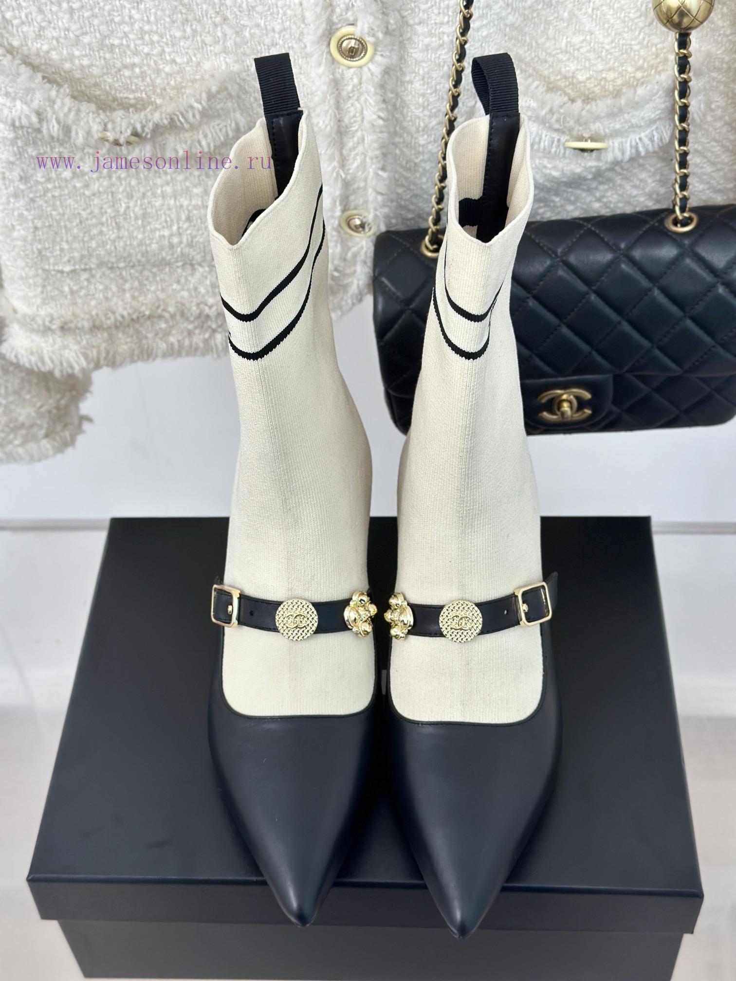 Chanel | Chanel 24B Autumn/Winter New Product Metal Double C Pointed Coarse Heel Socks Bootsaeyab1fs - Image 7