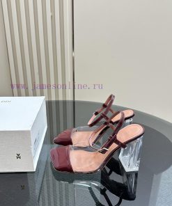 Amina Muaddi film high heelsSatin glossy buckle ankle strap square toe logo leather insole lclkl4etg