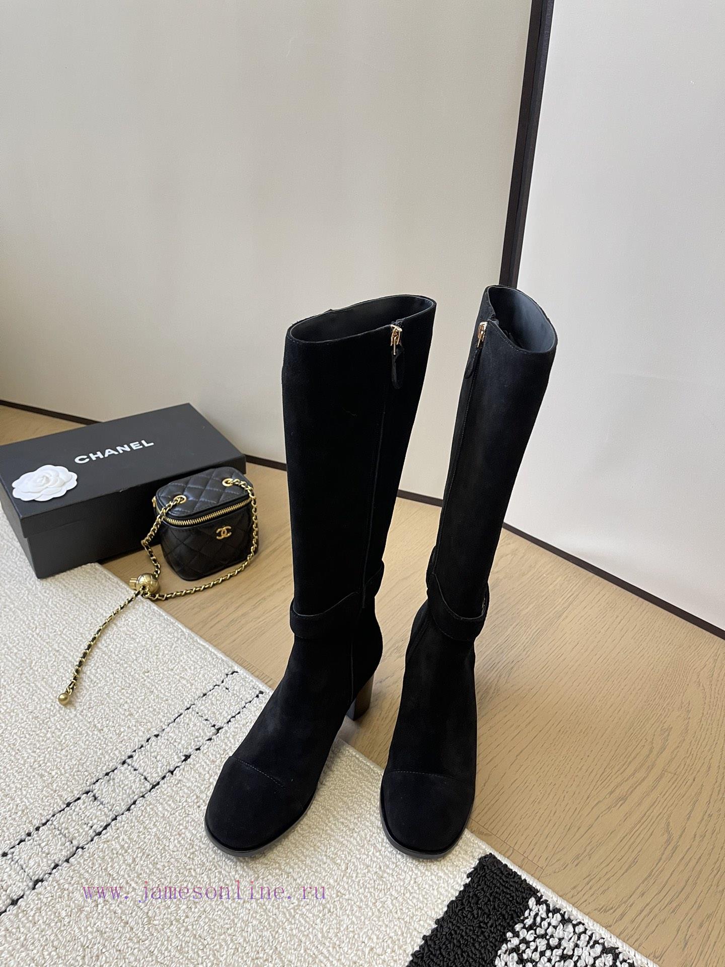 Chanel thick heel high-heeled boots with side zipper and double C-buckle decoration fashion 1wxbe450