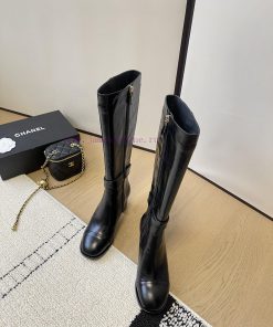 Chanel thick heel high-heeled boots with side zipper and double C-buckle decoration fashion halcb8pv
