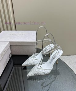 JIMMY CHOO New Y-Chain High Heel Fish Mouth Sandals/Mesh Sticked Diamond Surface Pointed Single pl1nyxt7