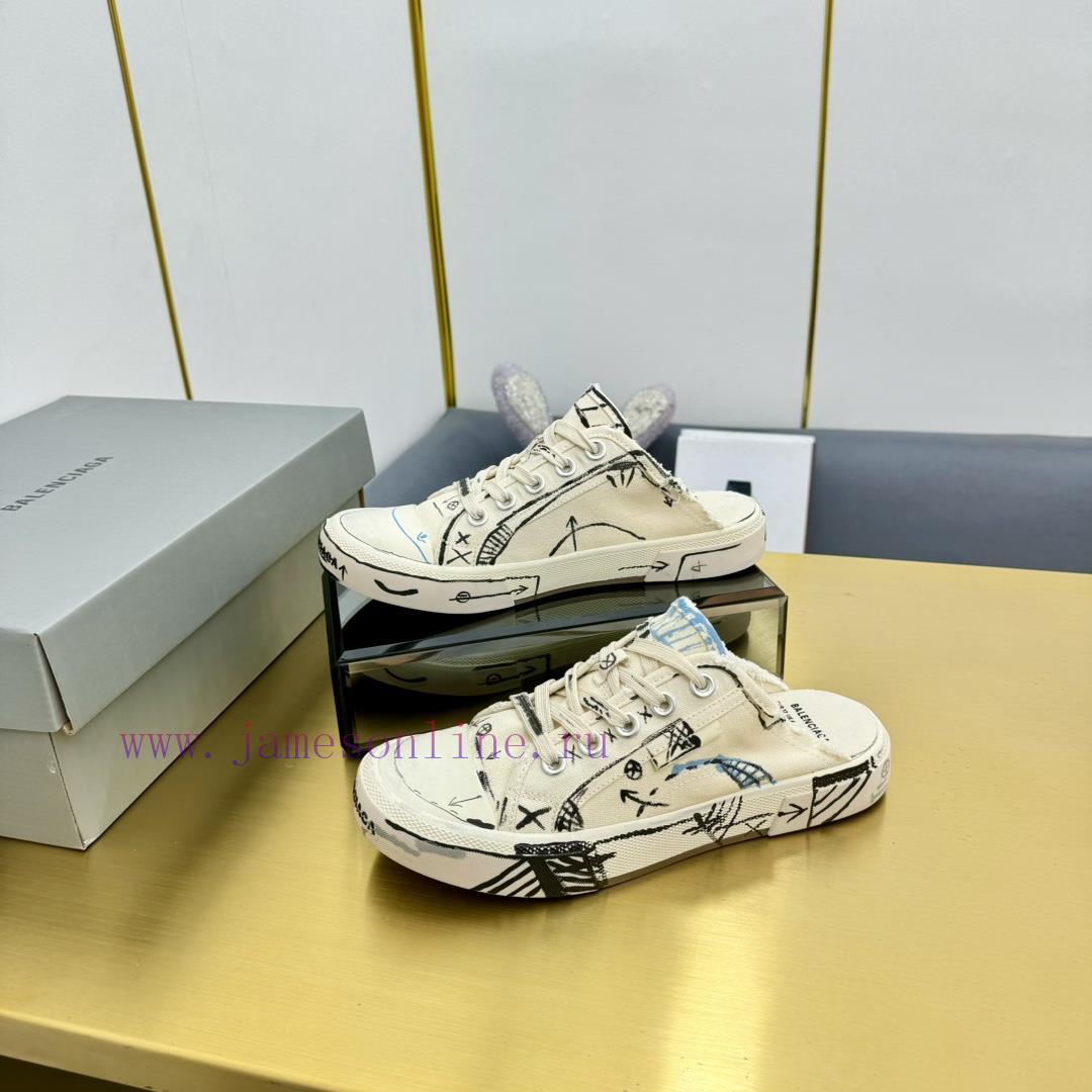 Graffiti Couple Style - BALENCIAGABalenciaga Half Dragged Vintage Casual Shoes Board Shoes New 5gt77vbq - Image 4