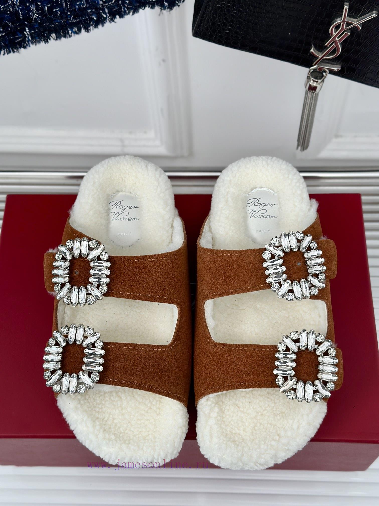 Top VersionRoger Vivier | RV Double Diamond Button Hairy SlippersA Pair Of Easy To Wear Slipper mxnxz9c9 - Image 5