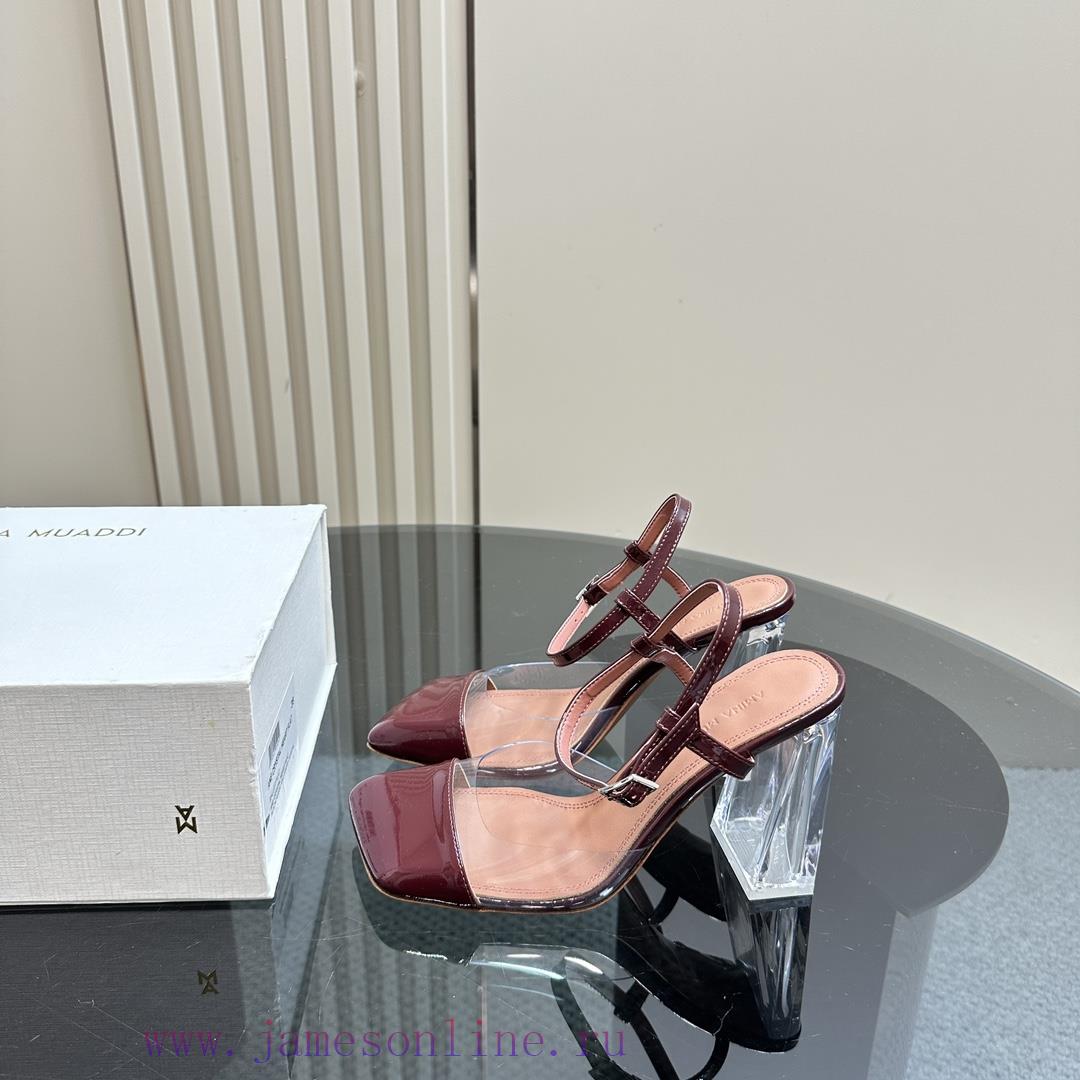 Amina Muaddi Film High HeelsSatin Glossy Buckle Ankle Strap Square Toe Logo Leather Insole Leat pngn91cj - Image 2