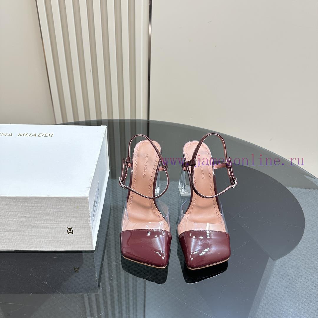 Amina Muaddi Film High HeelsSatin Glossy Buckle Ankle Strap Square Toe Logo Leather Insole Leat pngn91cj - Image 3