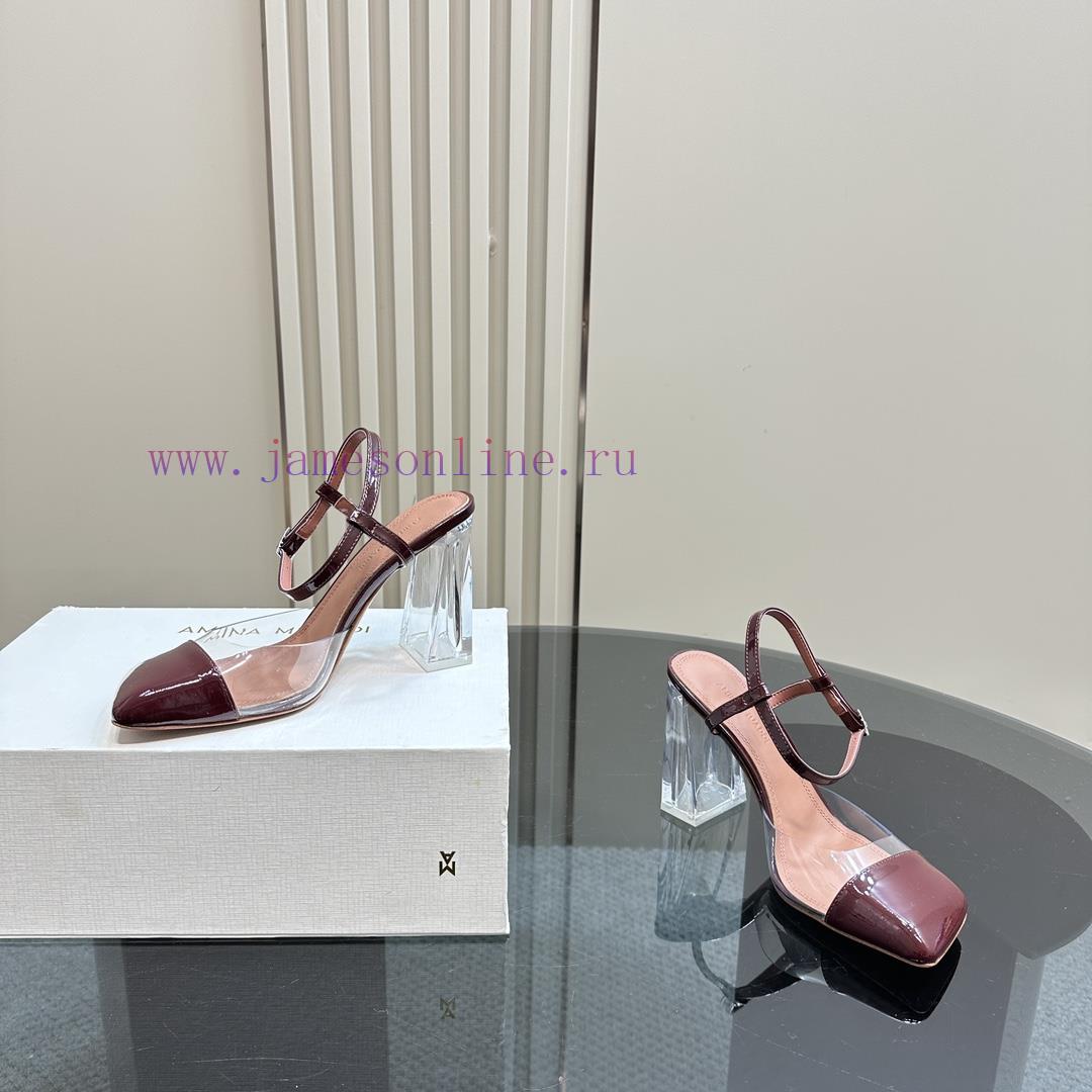 Amina Muaddi Film High HeelsSatin Glossy Buckle Ankle Strap Square Toe Logo Leather Insole Leat pngn91cj - Image 4