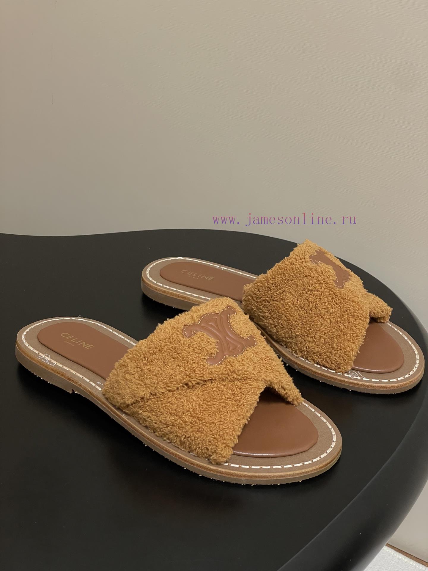 -Top Quality25ss Spring/Summer New CELINE LYMPIA Twisted Plush Slippers Triumphal Arch Plush Fa e15on2u1