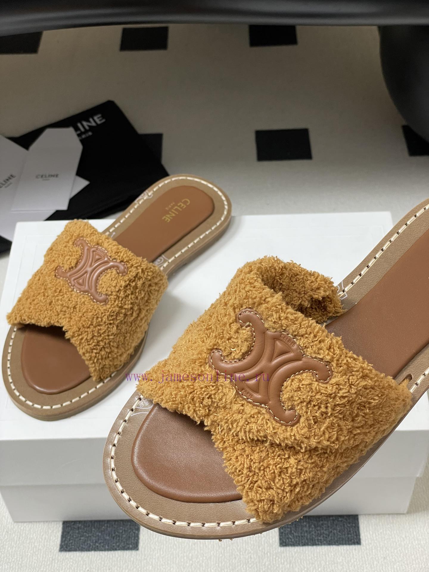 -Top Quality25ss Spring/Summer New CELINE LYMPIA Twisted Plush Slippers Triumphal Arch Plush Fa e15on2u1 - Image 10