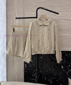 DG011 New Set ️Loro Piana 100% Linen Zipper Long Sleeved Jacket ➕ Shorts Set Apricot White SM 2xdwwro2